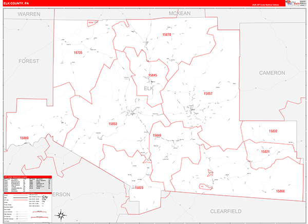 Elk County, PA Wall Map Red Line Style