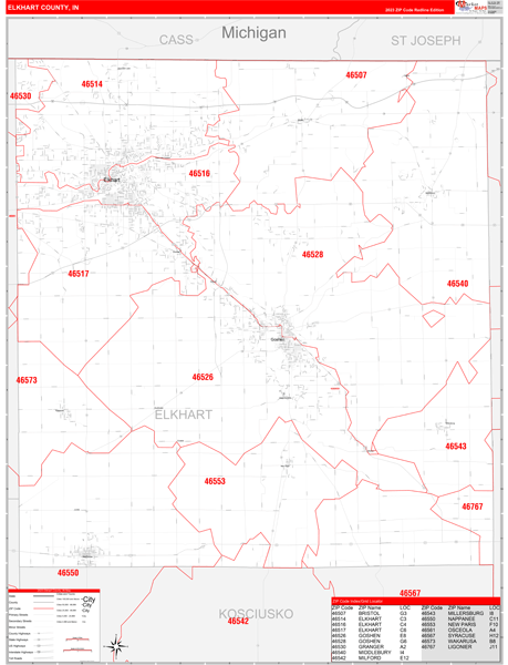 Elkhart County Wall Map Red Line Style