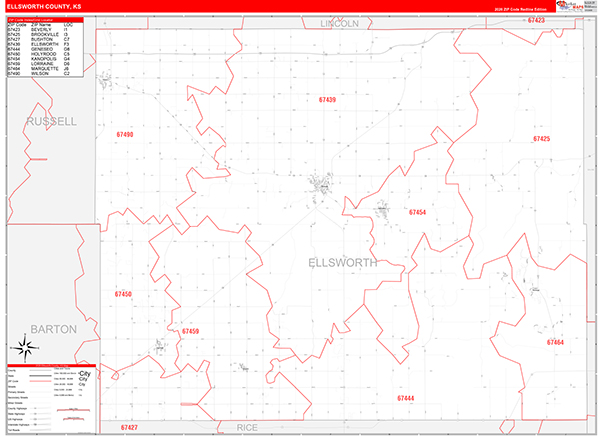 Ellsworth County, KS Zip Code Wall Map