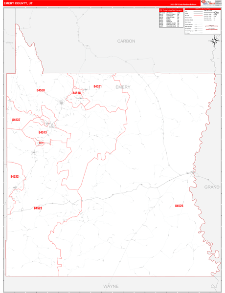 Emery County Wall Map Red Line Style