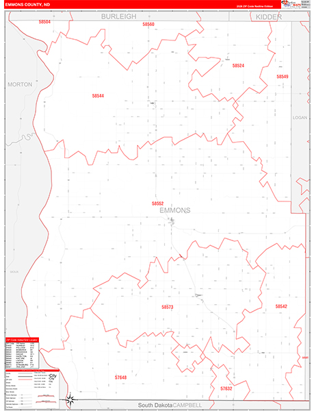 Emmons County, ND Wall Map Red Line Style