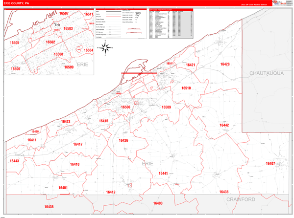 Erie County Pa Zip Code Wall Map Red Line Style By Marketmaps