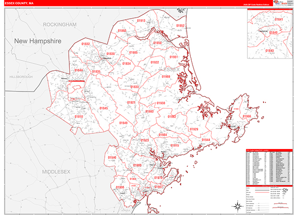 Essex County, MA Wall Map Red Line Style