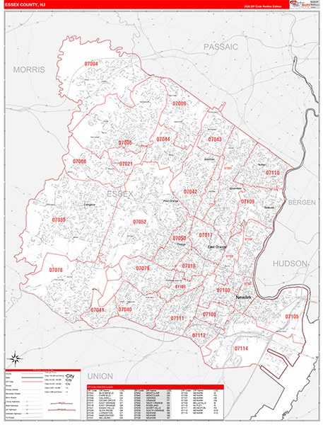 Essex County, NJ Zip Code Map