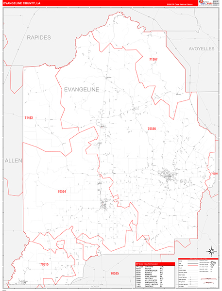 Evangeline Parish (County), LA Wall Map Red Line Style