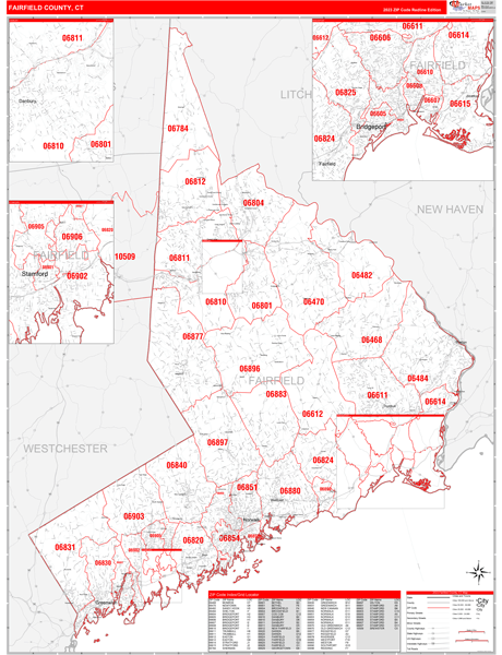 Fairfield County Ct Zip Code Wall Map Red Line Style By Marketmaps