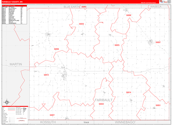Faribault County, MN Zip Code Wall Map