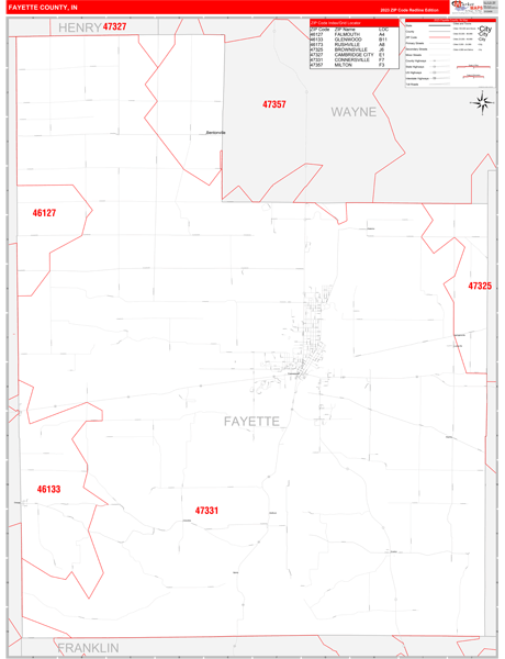 Fayette County Wall Map Red Line Style
