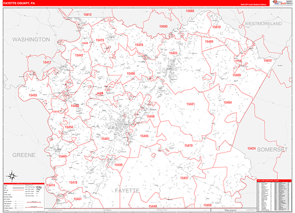 Fayette County, PA Wall Map Red Line Style