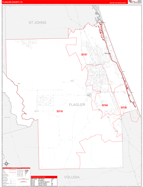 Flagler County Wall Map Red Line Style