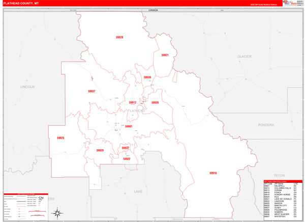 Flathead County Wall Map Red Line Style
