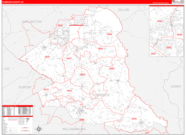Florence County, SC Zip Code Wall Map