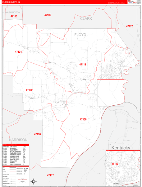 Floyd County, IN Wall Map Red Line Style