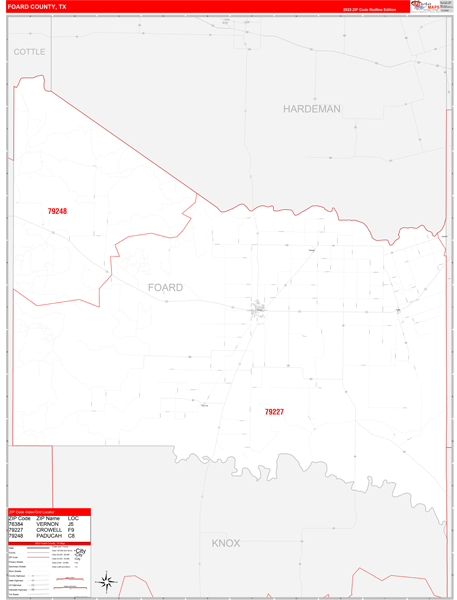 Foard County, TX Wall Map Red Line Style