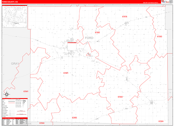 Ford County, KS Zip Code Wall Map