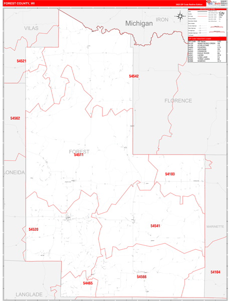 Forest County Digital Map Red Line Style