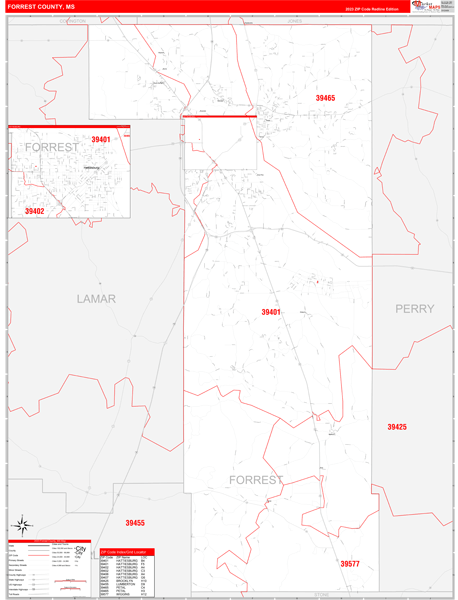 Forrest County, MS Zip Code Wall Map Red Line Style by MarketMAPS