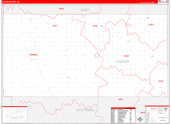 Foster County, ND Wall Map Red Line Style