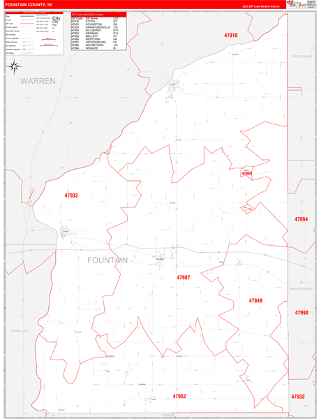 Fountain County Wall Map Red Line Style
