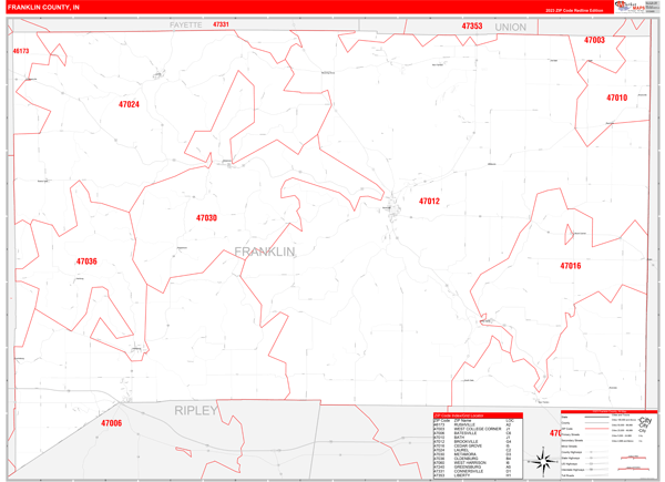 Franklin County, IN Wall Map Red Line Style