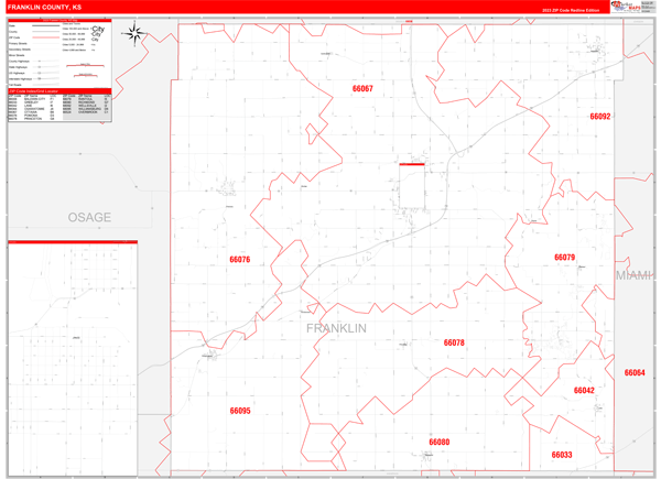 Franklin County, KS Wall Map Red Line Style