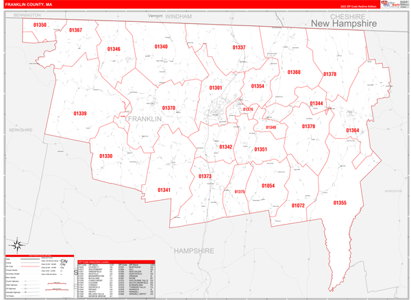 Franklin County Ma Zip Code Wall Map Red Line Style By Marketmaps
