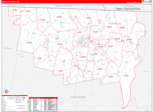 Franklin County, MA Wall Map Red Line Style