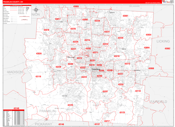 Franklin County, OH Zip Code Wall Map