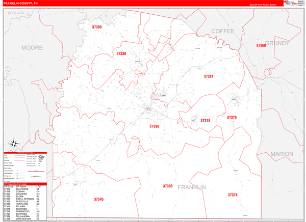 Franklin County, TN Zip Code Wall Map