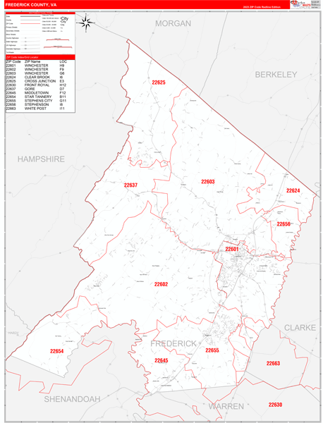 Frederick Zip Code Map Frederick County, Va Zip Code Wall Map Red Line Style By Marketmaps -  Mapsales