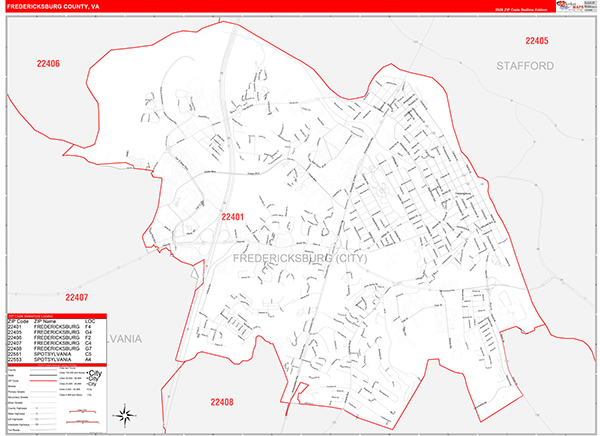 Fredericksburg County, VA Zip Code Wall Map