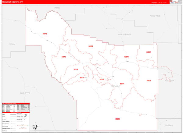 Fremont County Wall Map Red Line Style