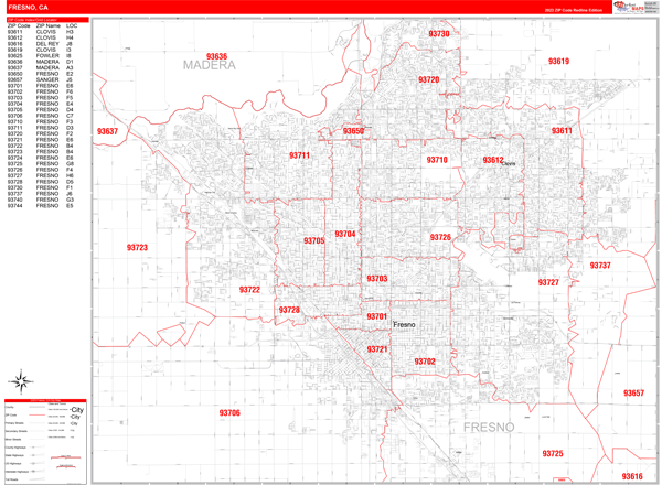Fresno County Ca Zip Code Wall Map Red Line Style By Marketmaps