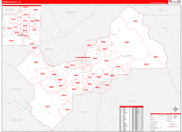 Fresno County, CA Zip Code Wall Map