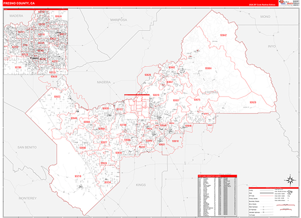 Fresno County, CA Map Red Line Style