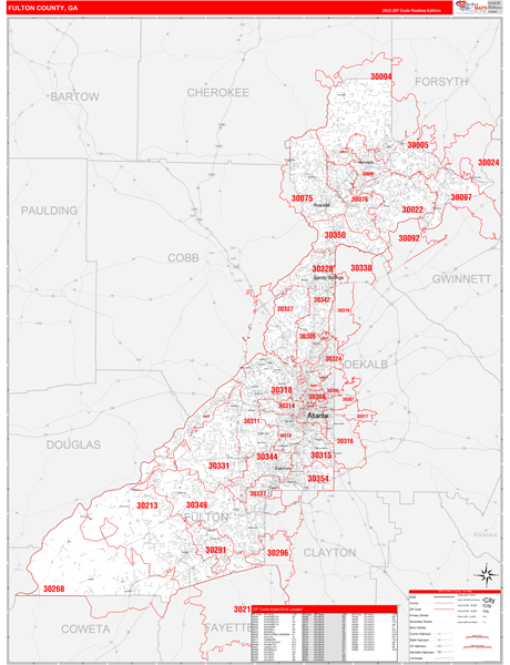 Fulton County Ga Zip Code Wall Map Red Line Style By Marketmaps