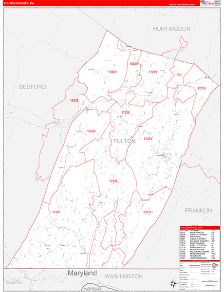 Fulton County, PA Wall Map Red Line Style