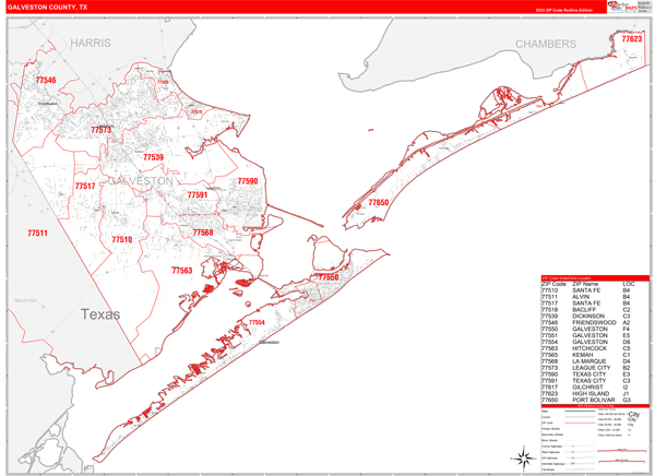 Galveston County, TX Wall Map Red Line Style