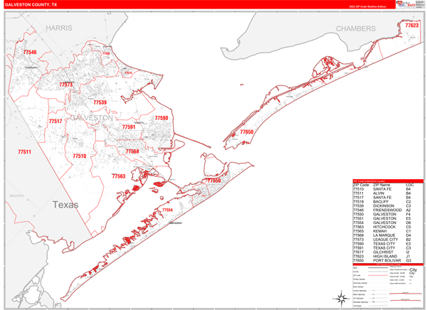 Galveston County TX Zip Code Wall Map Red Line Style By MarketMAPS 