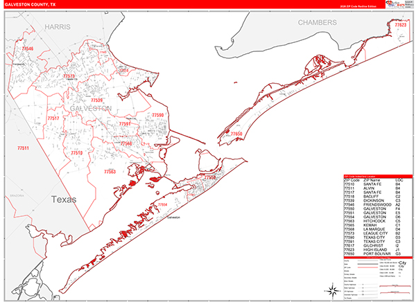 Galveston County, TX Zip Code Map