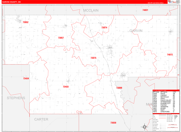 Garvin County, OK Wall Map Red Line Style