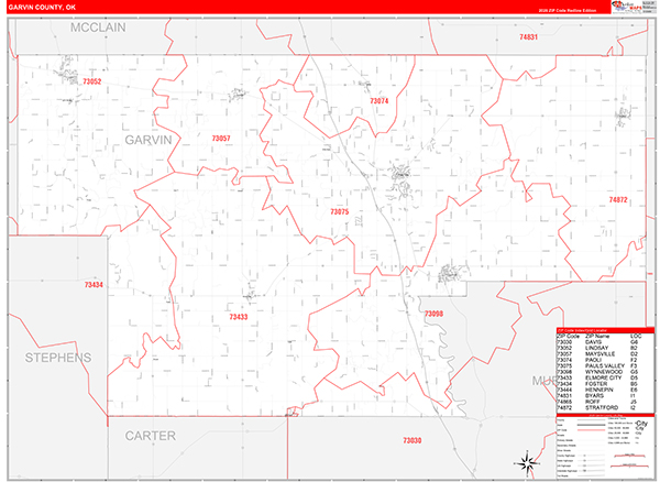 Garvin County, OK Zip Code Wall Map
