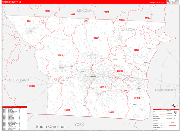 Gaston County Wall Map Red Line Style
