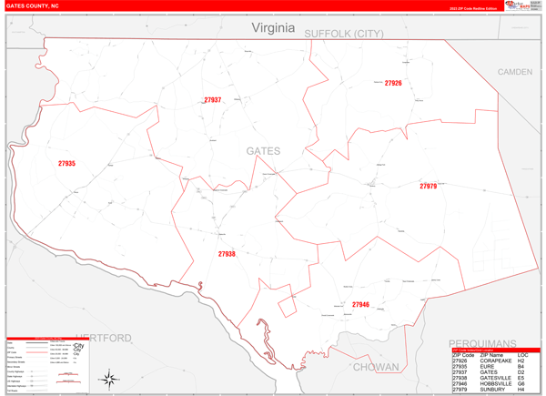 Gates County Wall Map Red Line Style