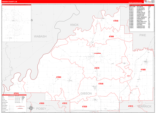 Gibson County, IN Wall Map Red Line Style