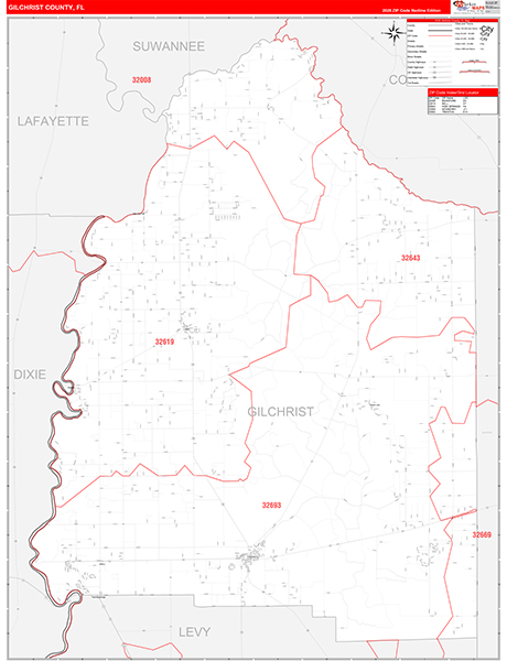 Gilchrist County, FL Wall Map Red Line Style