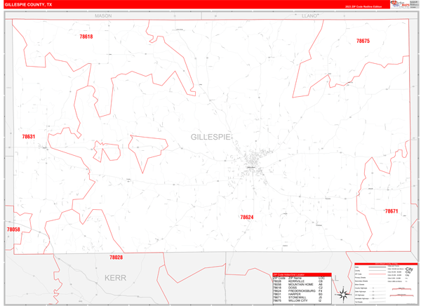 Gillespie County, TX Wall Map Red Line Style
