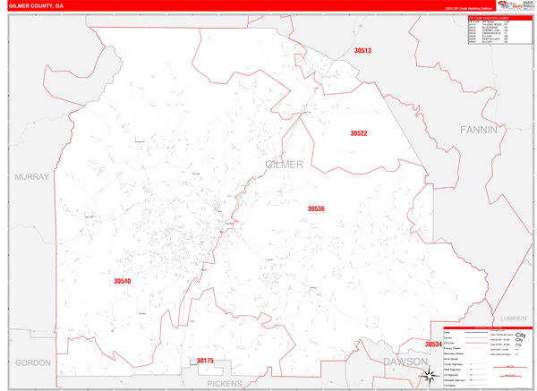 Gilmer County Wall Map Red Line Style