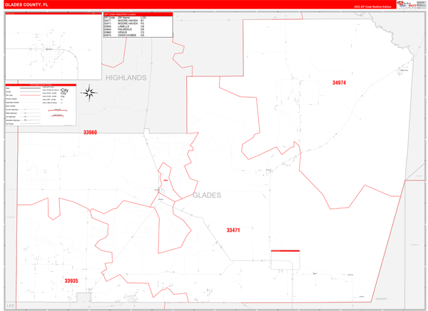 Glades County Digital Map Red Line Style