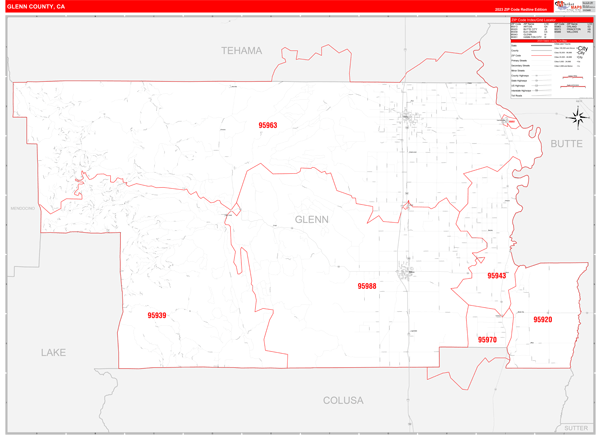 Glenn County, CA Wall Map Red Line Style